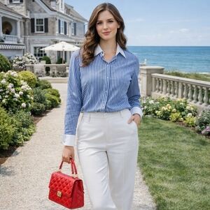 Ralph Lauren Womens M STRIPPED button Blouse Coastal GRANDMA BOHO CASUAL Luxury